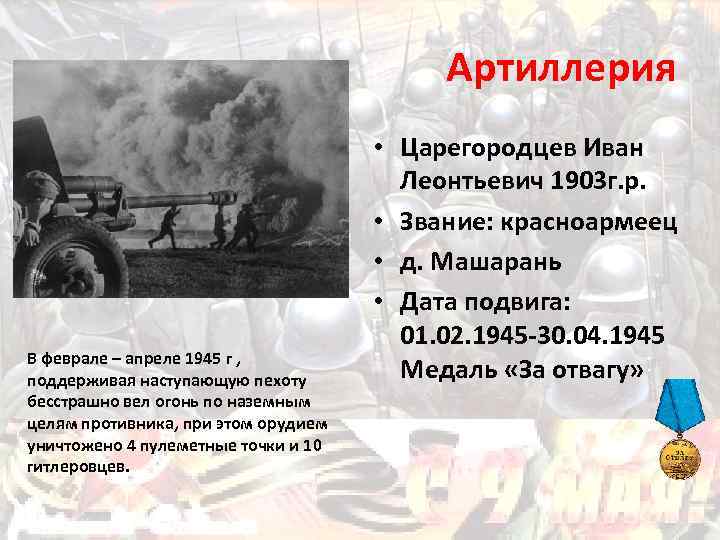 Артиллерия В феврале – апреле 1945 г , поддерживая наступающую пехоту бесстрашно вел огонь