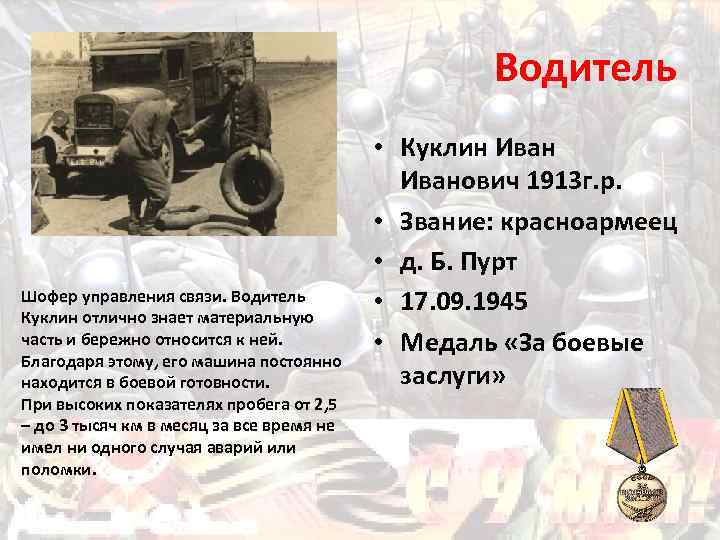 Водитель Шофер управления связи. Водитель Куклин отлично знает материальную часть и бережно относится к