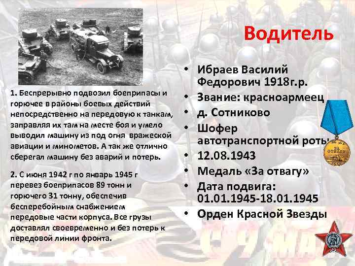 Водитель 1. Беспрерывно подвозил боеприпасы и горючее в районы боевых действий непосредственно на передовую