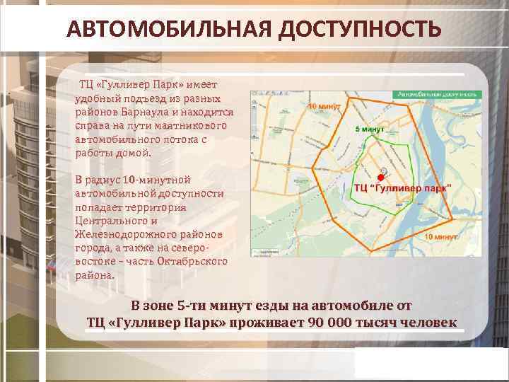 АВТОМОБИЛЬНАЯ ДОСТУПНОСТЬ ТЦ «Гулливер Парк» имеет удобный подъезд из разных районов Барнаула и находится