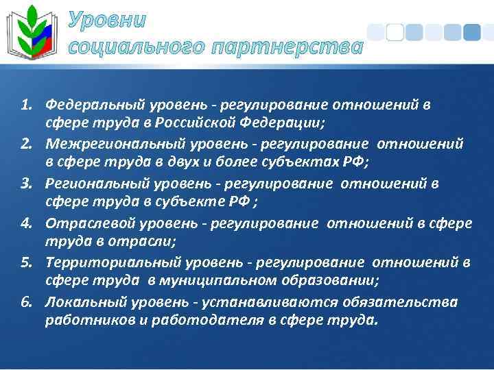 Уровни социального партнерства 1. Федеральный уровень - регулирование отношений в сфере труда в Российской