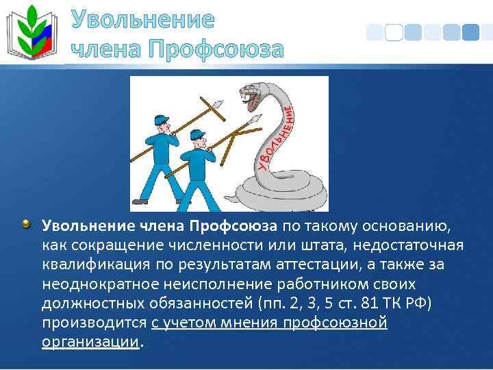 Увольнение члена Профсоюза по такому основанию, как сокращение численности или штата, недостаточная квалификация по