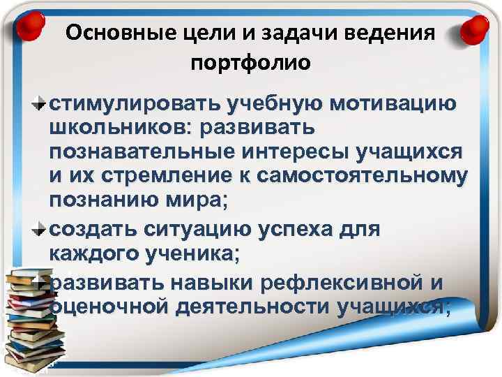 Основные цели и задачи ведения портфолио стимулировать учебную мотивацию школьников: развивать познавательные интересы учащихся