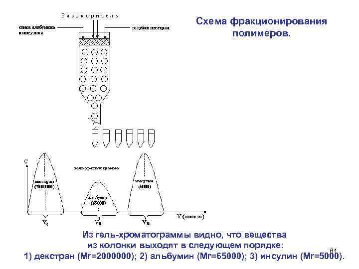 Схема фракционирования полимеров. Из гель-хроматограммы видно, что вещества из колонки выходят в следующем порядке: