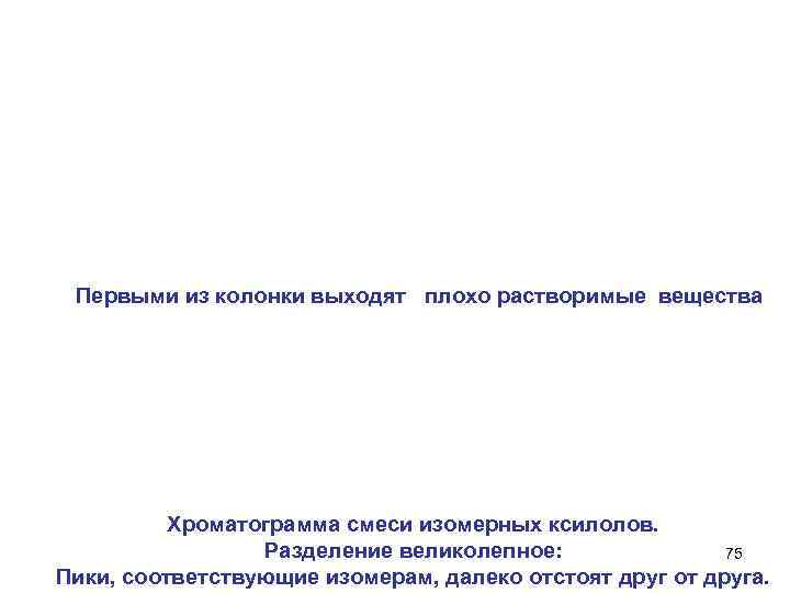 Первыми из колонки выходят плохо растворимые вещества Хроматограмма смеси изомерных ксилолов. Разделение великолепное: 75