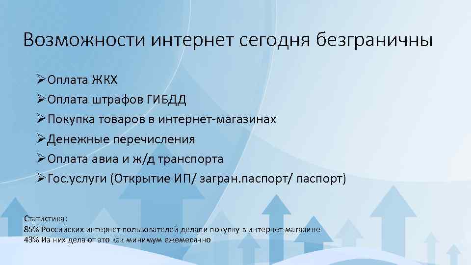 Возможности интернет сегодня безграничны ØОплата ЖКХ ØОплата штрафов ГИБДД ØПокупка товаров в интернет-магазинах ØДенежные