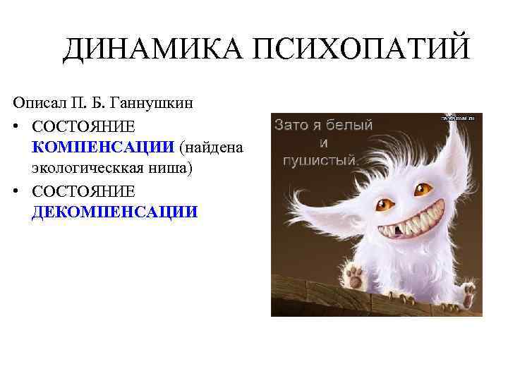 ДИНАМИКА ПСИХОПАТИЙ Описал П. Б. Ганнушкин • СОСТОЯНИЕ КОМПЕНСАЦИИ (найдена экологическкая ниша) • СОСТОЯНИЕ