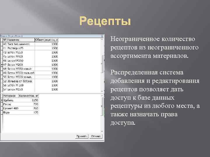Рецепты Неограниченное количество рецептов из неограниченного ассортимента материалов. Распределенная система добавления и редактирования рецептов