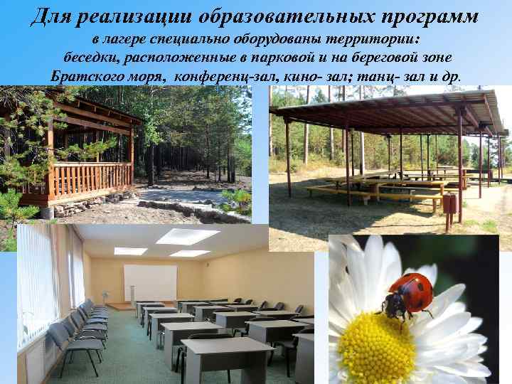 Для реализации образовательных программ в лагере специально оборудованы территории: беседки, расположенные в парковой и