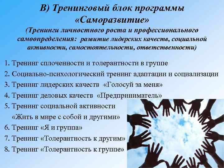 В) Тренинговый блок программы «Саморазвитие» (Тренинги личностного роста и профессионального самоопределения: развитие лидерских качеств,