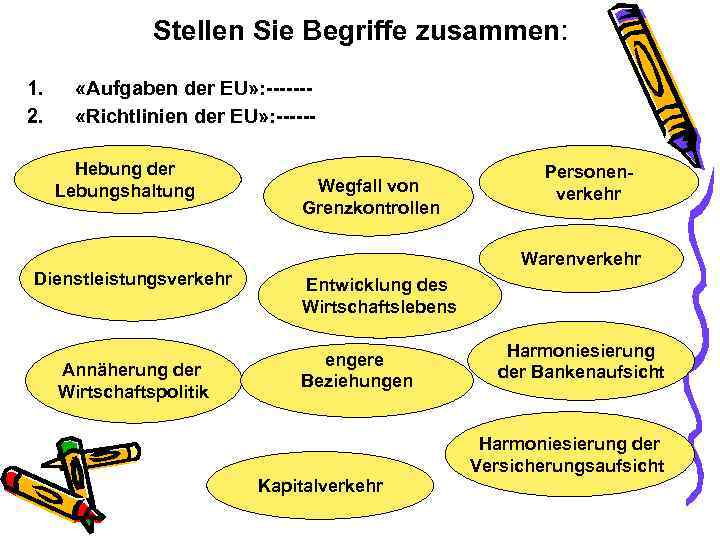 Stellen Sie Begriffe zusammen: 1. 2. «Aufgaben der EU» : ------ «Richtlinien der EU»