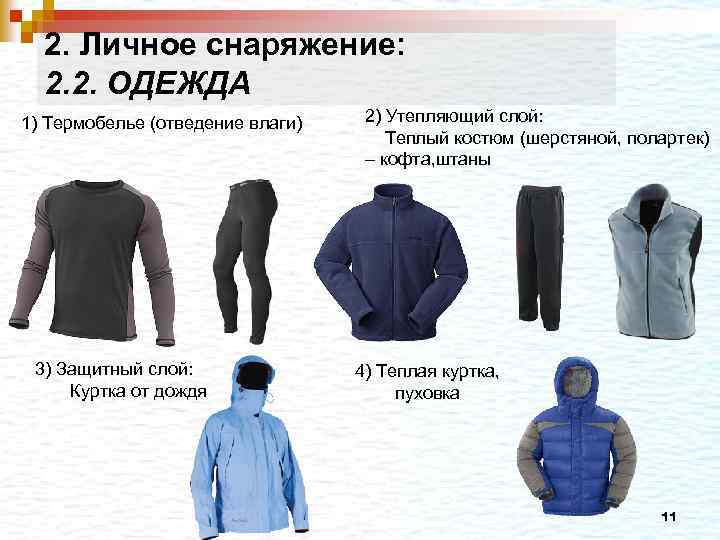 2. Личное снаряжение: 2. 2. ОДЕЖДА 1) Термобелье (отведение влаги) 3) Защитный слой: Куртка