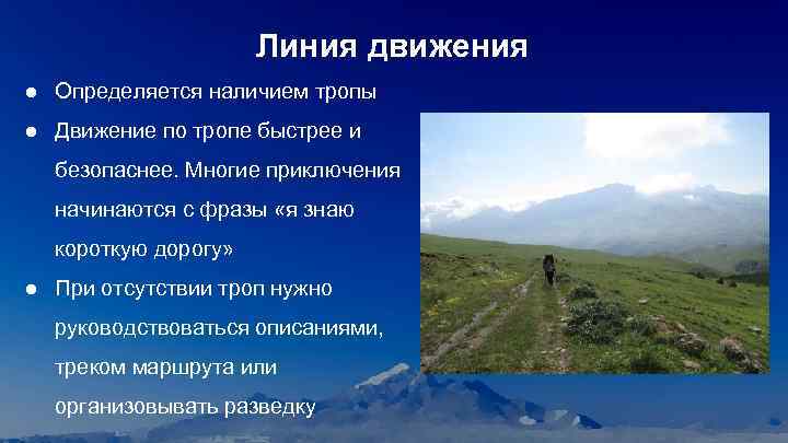 Линия движения ● Определяется наличием тропы ● Движение по тропе быстрее и безопаснее. Многие