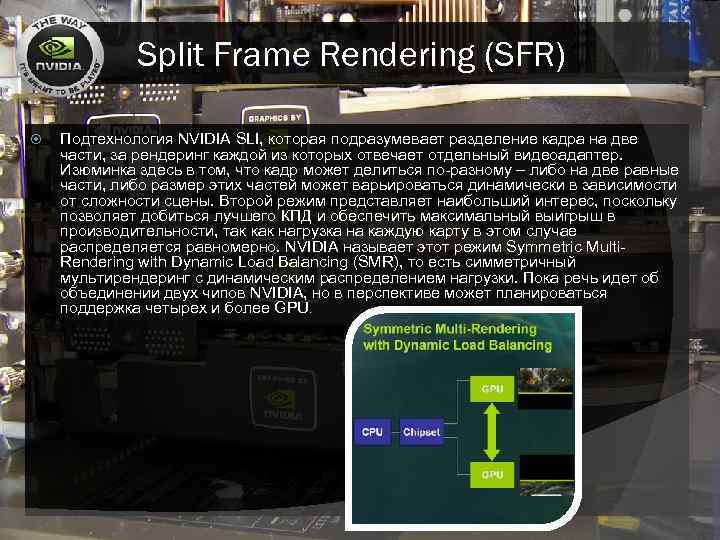 Split Frame Rendering (SFR) Подтехнология NVIDIA SLI, которая подразумевает разделение кадра на две части,