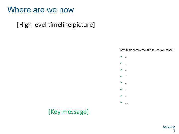 Where are we now [High level timeline picture] [Key items completed during previous stage]
