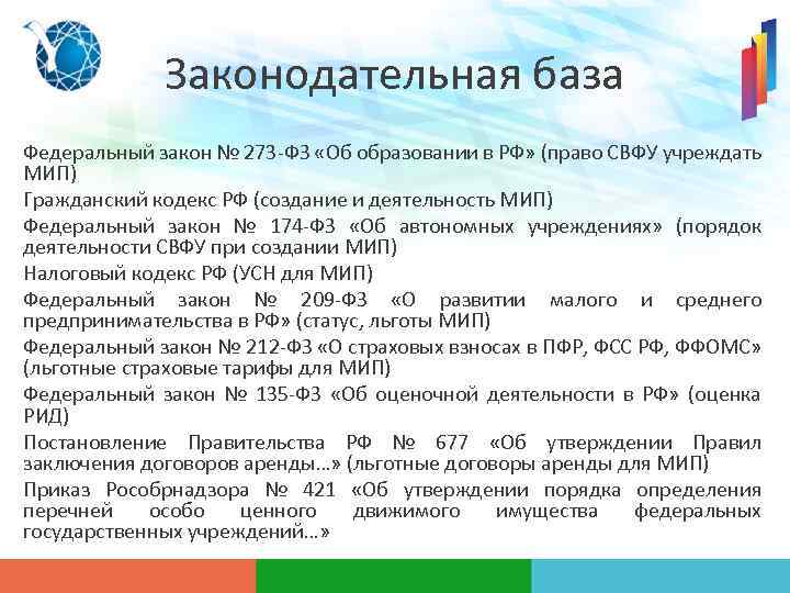 Законодательная база Федеральный закон № 273 -ФЗ «Об образовании в РФ» (право СВФУ учреждать