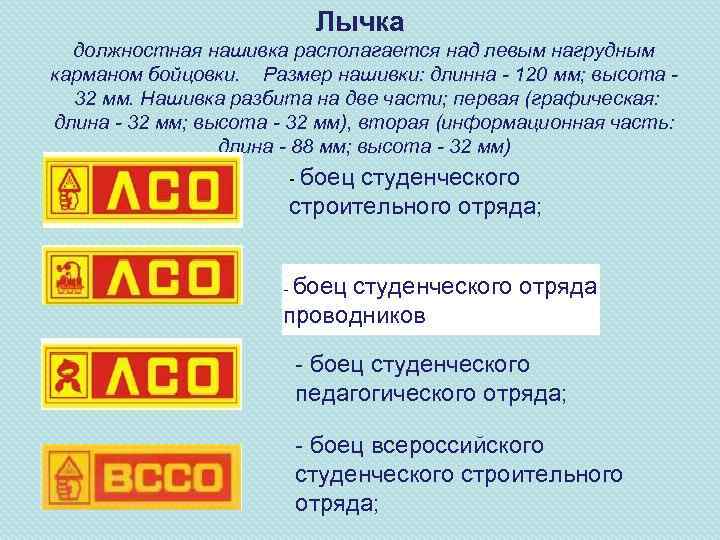 Лычка должностная нашивка располагается над левым нагрудным карманом бойцовки. Размер нашивки: длинна - 120