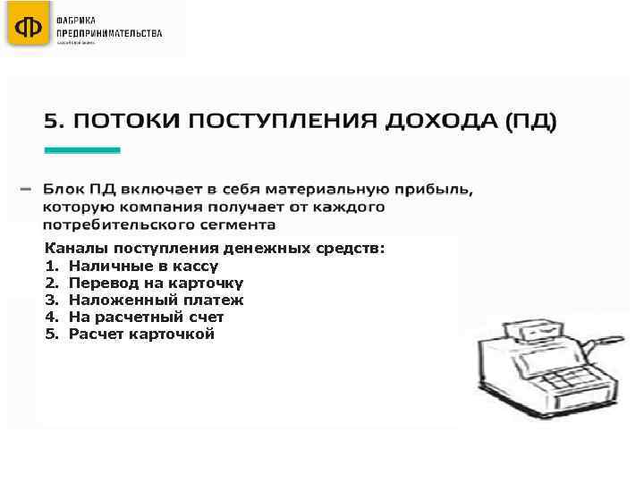 Каналы поступления денежных средств: 1. Наличные в кассу 2. Перевод на карточку 3. Наложенный