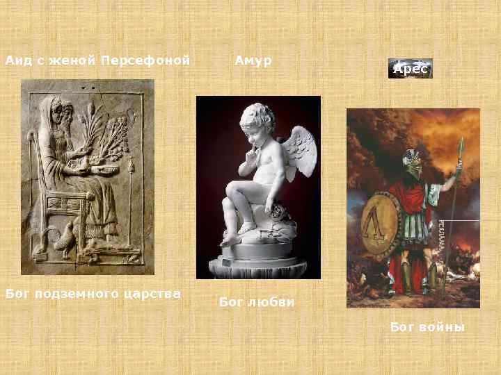 Аид с женой Персефоной Бог подземного царства Амур Арес Бог любви Бог войны 