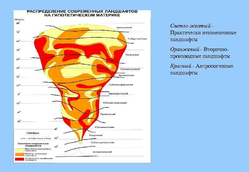 Светло-желтый Практически неизмененные ландшафты Оранжевый - Вторичнопроизводные ландшафты Красный - Антропогенные ландшафты 