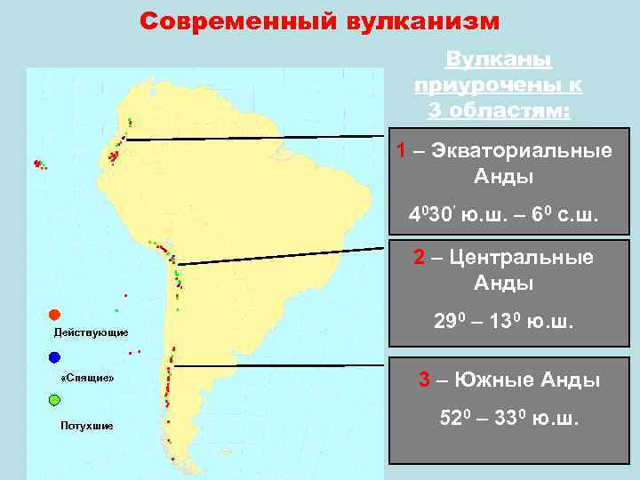 Современный вулканизм Вулканы приурочены к 3 областям: 1 – Экваториальные Анды 4030’ ю. ш.