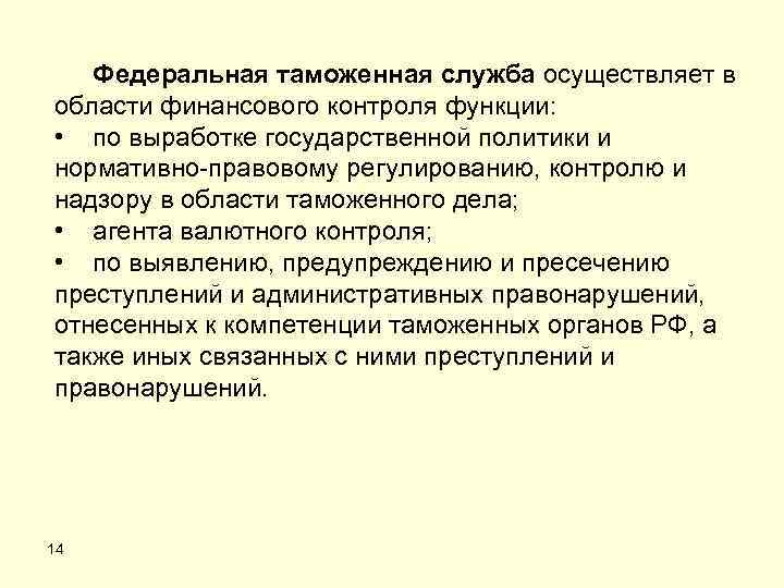 Федеральная таможенная служба осуществляет в области финансового контроля функции: • по выработке государственной политики