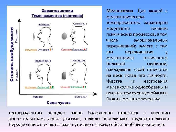 Меланхолик. Для людей с меланхолическим темпераментом характерно медленное течение психических процессов, в том числе