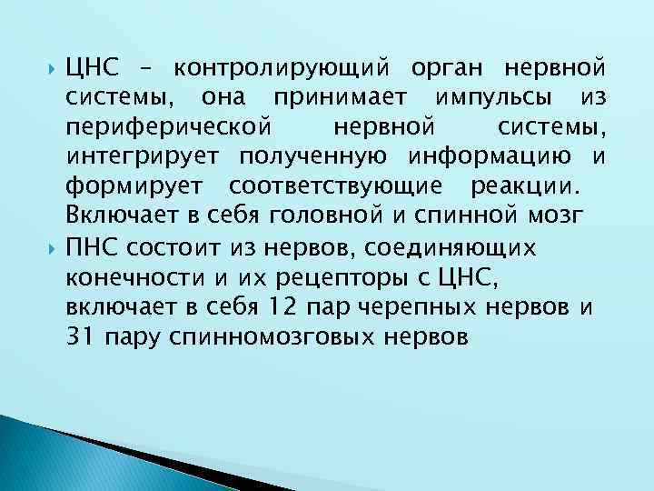  ЦНС – контролирующий орган нервной системы, она принимает импульсы из периферической нервной системы,