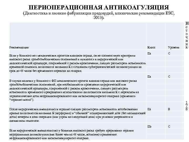 ПЕРИОПЕРАЦИОННАЯ АНТИКОАГУЛЯЦИЯ (Диагностика и лесение фибрилляции предсердий, клинические рекомендации ESC, 2013). Рекомендации Класс Если