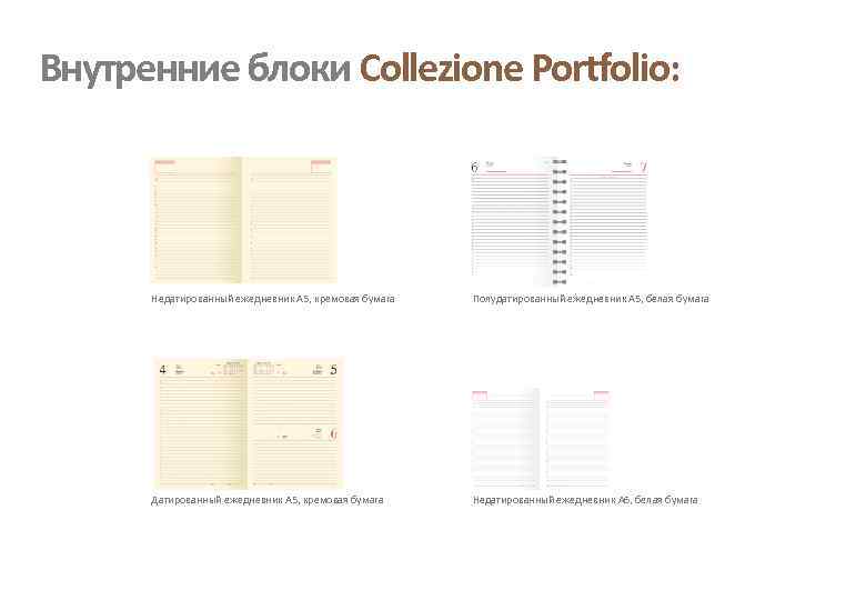 Внутренние блоки Collezione Portfolio: Недатированный ежедневник А 5, кремовая бумага Полудатированный ежедневник А 5,