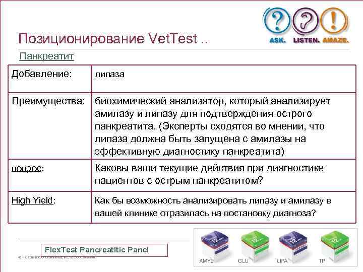 Позиционирование Vet. Test. . Панкреатит Добавление: липаза Преимущества: биохимический анализатор, который анализирует амилазу и