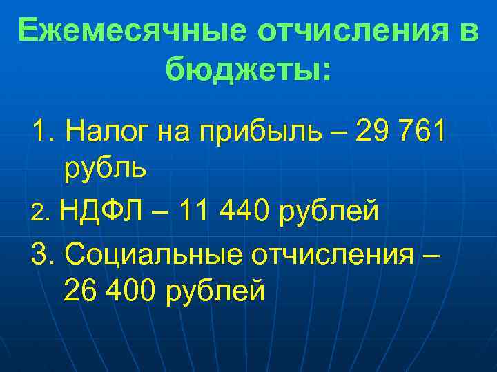 Ежемесячные отчисления в бюджеты: 1. Налог на прибыль – 29 761 рубль 2. НДФЛ