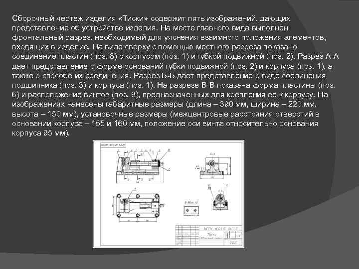 Сборочный чертеж изделия «Тиски» содержит пять изображений, дающих представление об устройстве изделия. На месте