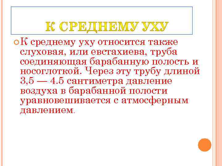  К среднему уху относится также слуховая, или евстахиева, труба соединяющая барабанную полость и