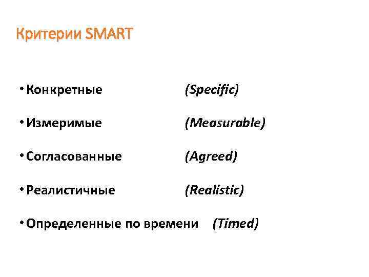 Критерии SMART • Конкретные (Specific) • Измеримые (Measurable) • Согласованные (Agreed) • Реалистичные (Realistic)