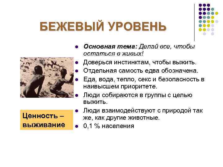 БЕЖЕВЫЙ УРОВЕНЬ l l l Ценность – выживание l l Основная тема: Делай все,