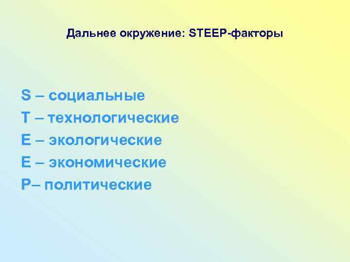 Дальнее окружение: STEEP-факторы S – социальные T – технологические E – экономические P– политические
