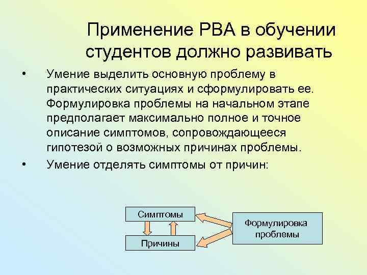Применение РВА в обучении студентов должно развивать • • Умение выделить основную проблему в