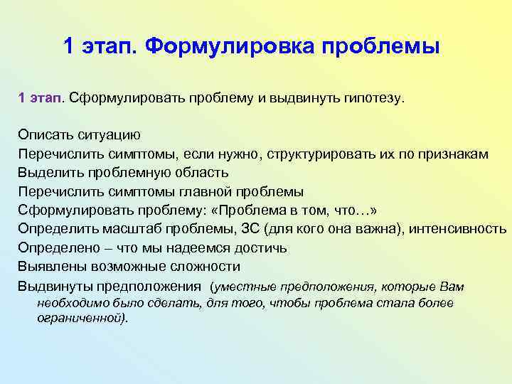 1 этап. Формулировка проблемы 1 этап. Сформулировать проблему и выдвинуть гипотезу. Описать ситуацию Перечислить