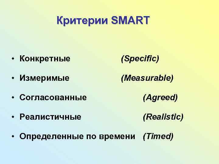 Критерии SMART • Конкретные (Specific) • Измеримые (Measurable) • Согласованные (Agreed) • Реалистичные (Realistic)