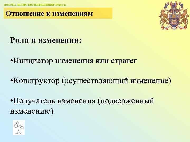 ВЛАСТЬ, ЛИДЕРСТВО И ИЗМЕНЕНИЯ (Книга 4) Отношение к изменениям Роли в изменении: • Инициатор