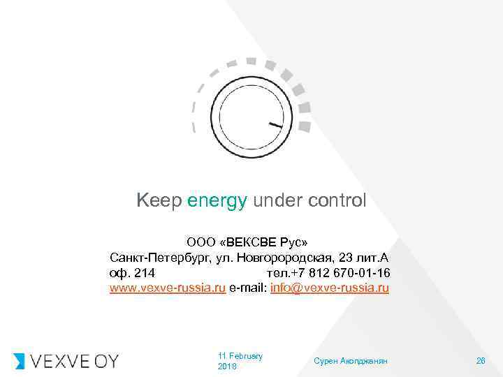 Keep energy under control ООО «ВЕКСВЕ Рус» Санкт-Петербург, ул. Новгорородская, 23 лит. А оф.