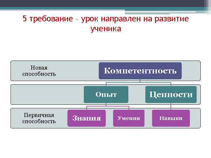 5 требование – урок направлен на развитие ученика Новая способность Компетентность Ценности Опыт Первичная