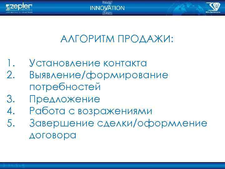 АЛГОРИТМ ПРОДАЖИ: 1. 2. 3. 4. 5. Установление контакта Выявление/формирование потребностей Предложение Работа с