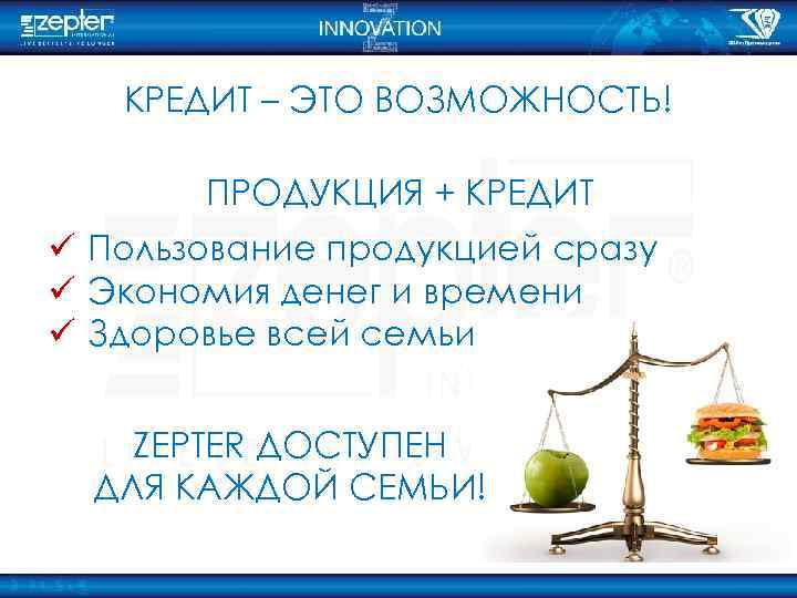 КРЕДИТ – ЭТО ВОЗМОЖНОСТЬ! ПРОДУКЦИЯ + КРЕДИТ ü Пользование продукцией сразу ü Экономия денег