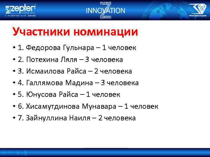 Участники номинации • 1. Федорова Гульнара – 1 человек • 2. Потехина Ляля –