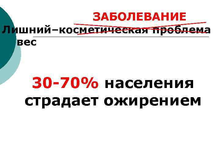 ЗАБОЛЕВАНИЕ Лишний–косметическая проблема вес 30 -70% населения страдает ожирением 