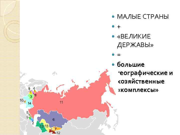  МАЛЫЕ СТРАНЫ + «ВЕЛИКИЕ ДЕРЖАВЫ» = большие географические и хозяйственные «комплексы» 