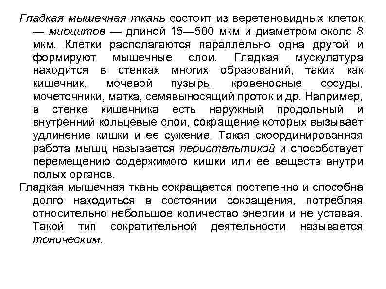 Гладкая мышечная ткань состоит из веретеновидных клеток — миоцитов — длиной 15— 500 мкм