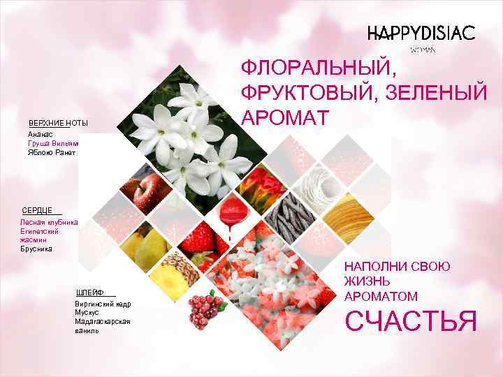 ВЕРХНИЕ НОТЫ ФЛОРАЛЬНЫЙ, ФРУКТОВЫЙ, ЗЕЛЕНЫЙ АРОМАТ Ананас Груша Вильямс Яблоко Ранет СЕРДЦЕ Лесная клубника